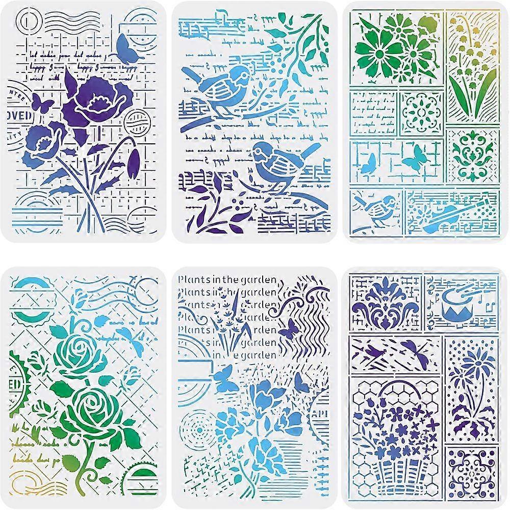 1Set 6 PCS Flower Stencils Template 29.7x21cm Plastic Birds Drawing Painting Stencils Flower Stamp Butterfly Singing Bird Pattern Stencils for Paintin