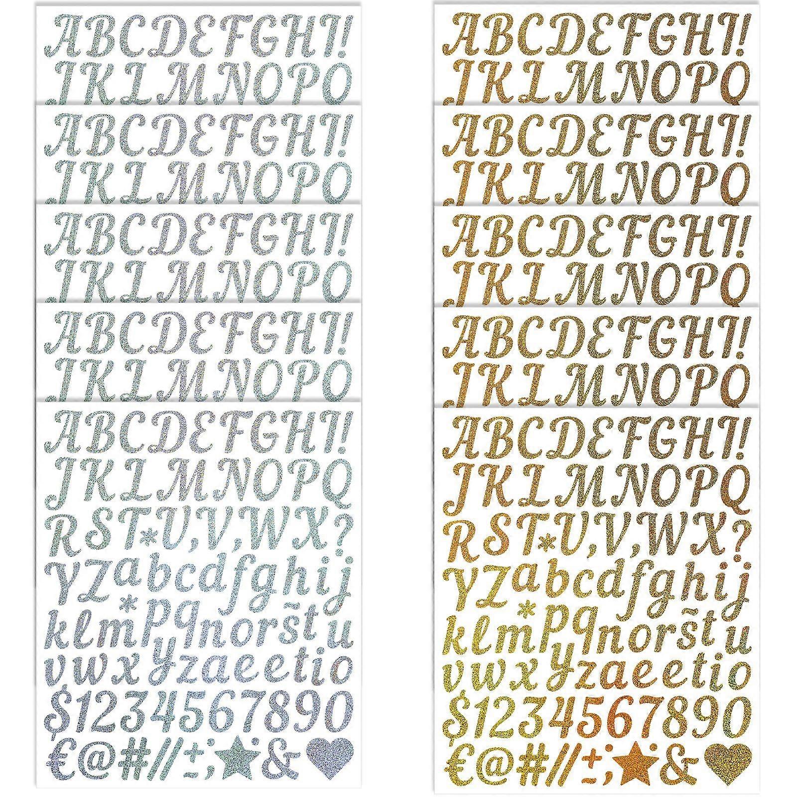 10 shiny alphanumeric symbol stickers - gold + silver