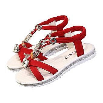 Fashion Summer Women Stylish Comfort Flat Heels Beaded sandals Shoes (Red 40)