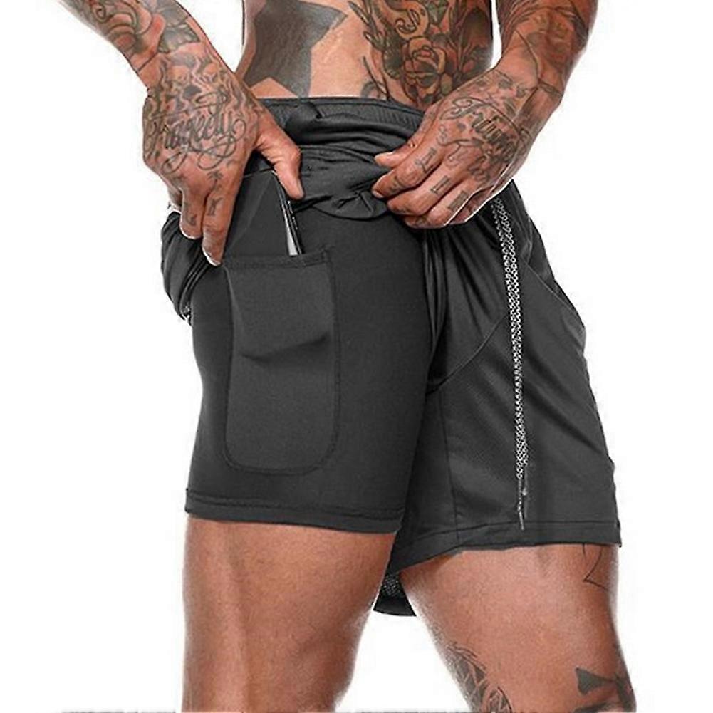 אופנתי גברים קיץ שכבה כפולה מכנסיים קצרים מותניים אלסטיים חוף מכנסיים קצרים מזדמנים (שחור L)