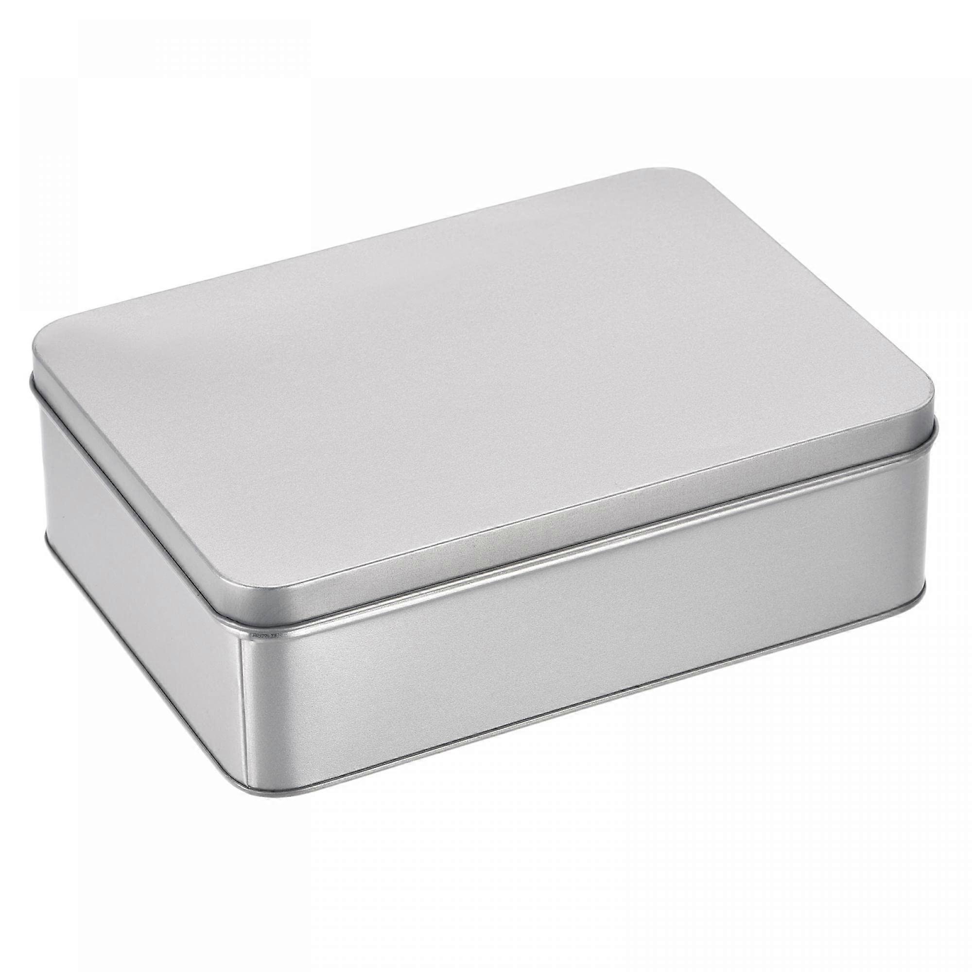 Metal Tin Box 8.66 x 6.3 x 2.72 Inches Rectangular Empty Storage Container with Lid Silver Tone for Organizing