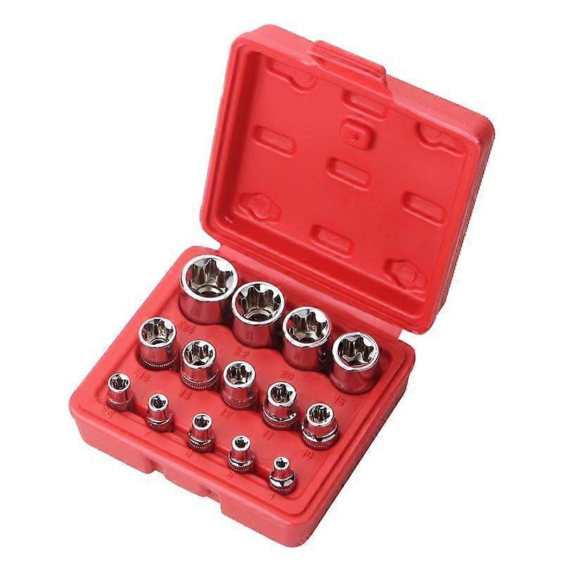 14 Piece E-Torx Star Socket Set 1/4", 3/8", 1/2", External Torque Socket Set E4-E24 with Red Case