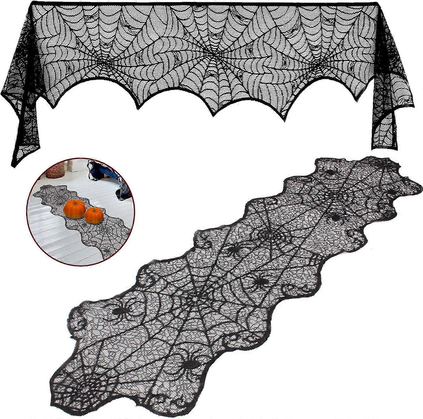 Halloween Table Runner, Delicate Edges With Creepy Cobweb Lace For Fireplace Decoration, Reusable Machine Washable Spooky Dining Scene