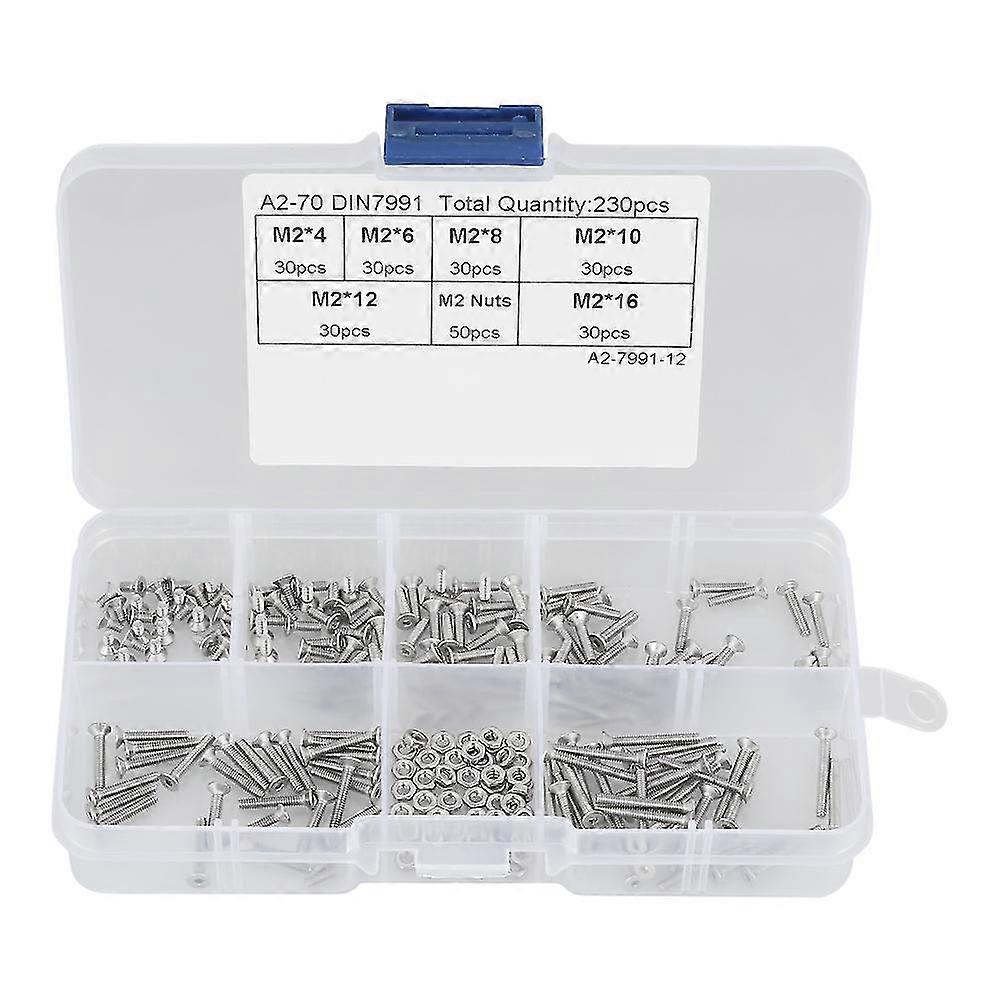 230pcs SS304 M2 Hex Socket Flat Head Bolts & Nuts Assortment Kit with Box
