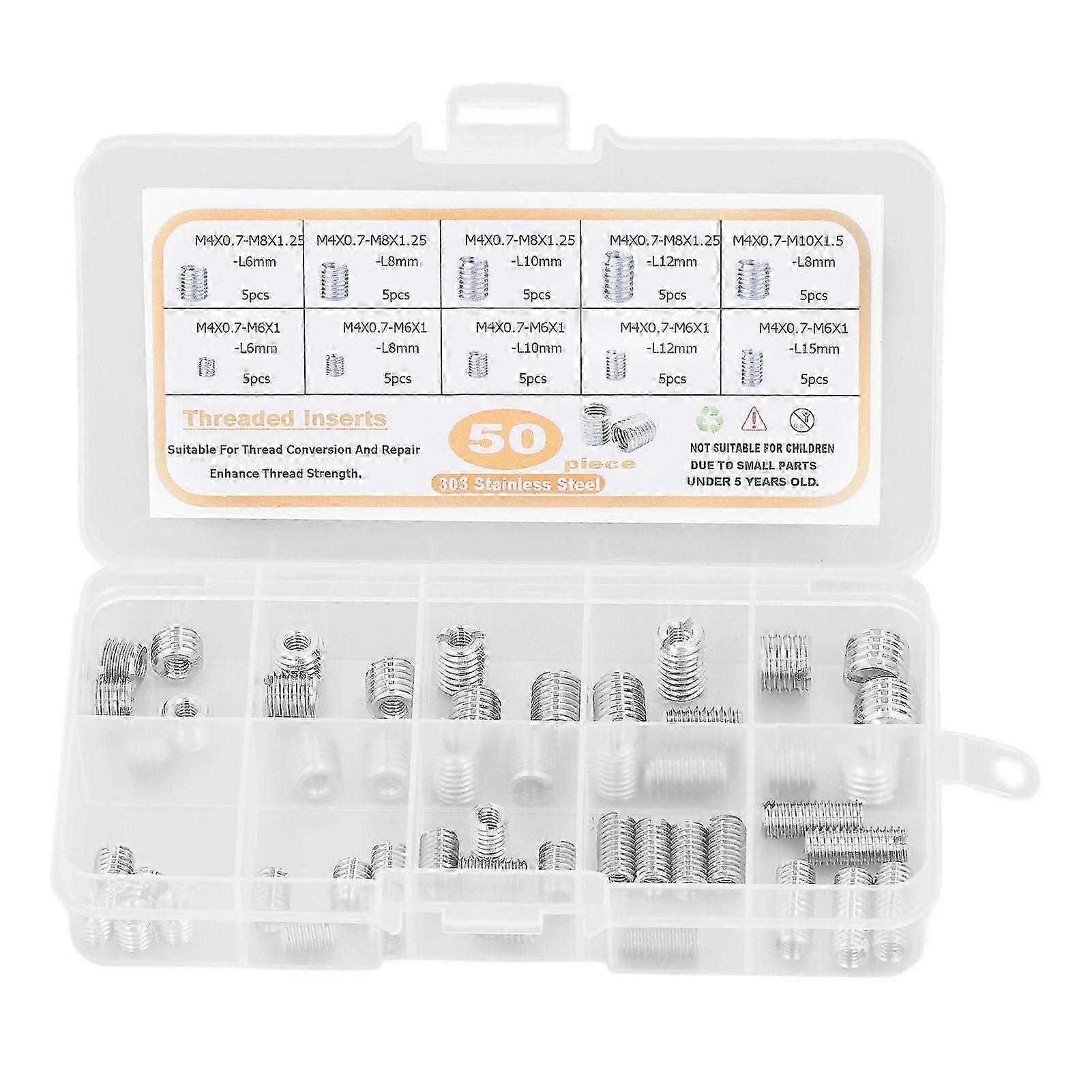 50Pcs Threaded Inserts 303 Stainless Steel Thread Insert Assortment Kit with Storage Box Silver
