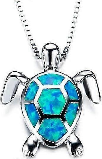 White Gold Plated Simulated Opal Small Turtle Pendant Statement Necklace