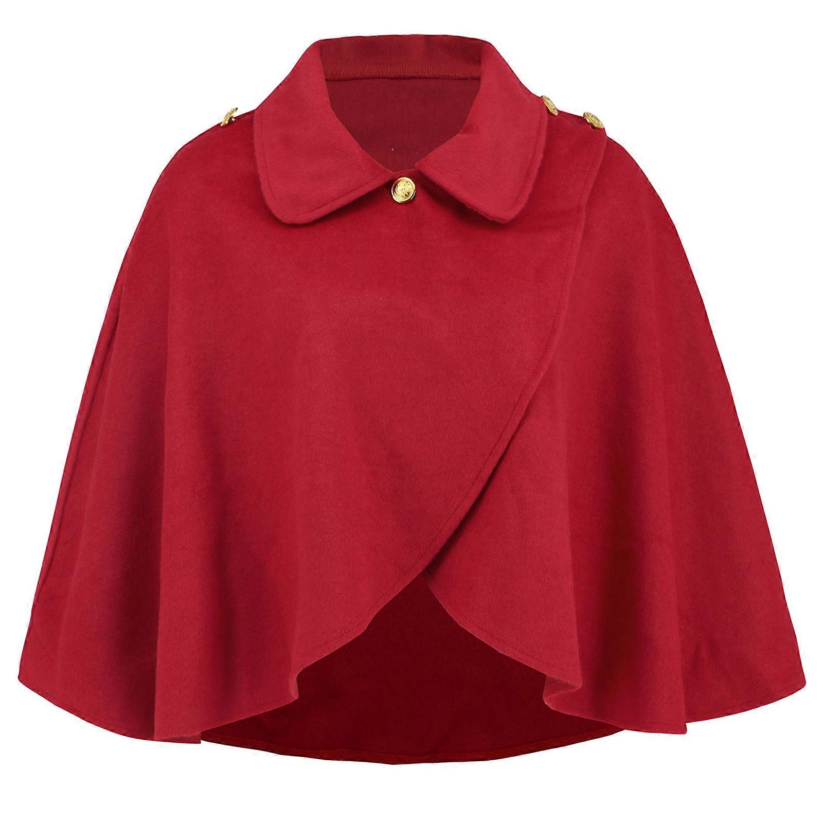 Capelet Capes Faux Wool Blend Lapel Collar Buttons Warm Sweater Ponchos Shawls Crosses Wrap Front for Womem Short Cloak Red