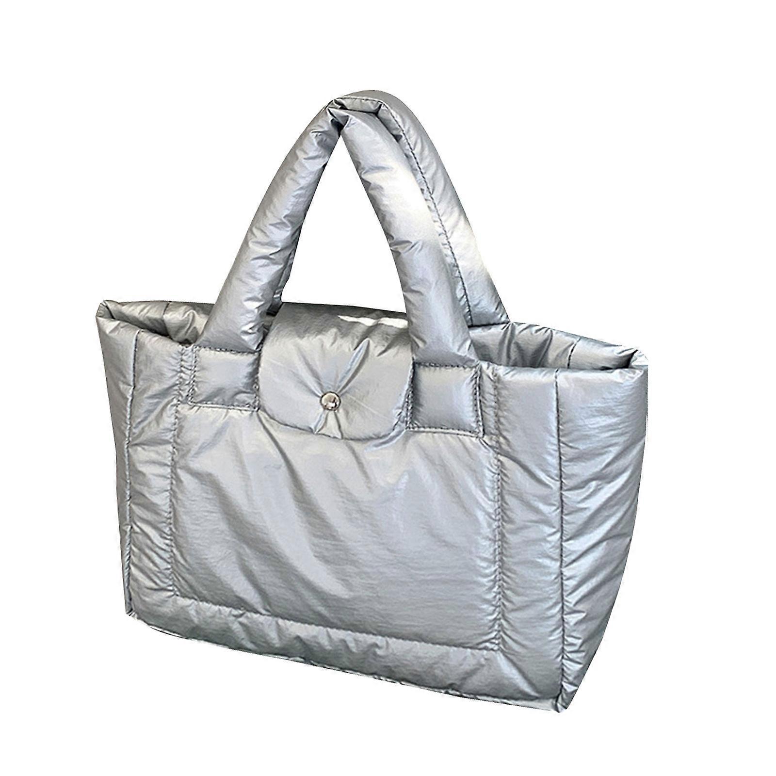 Elegant mjuk vadderad väska med varmt vadderat foder, pufferväska med topphandtag, damhandväska för shopping och kontor, silverfärgad
