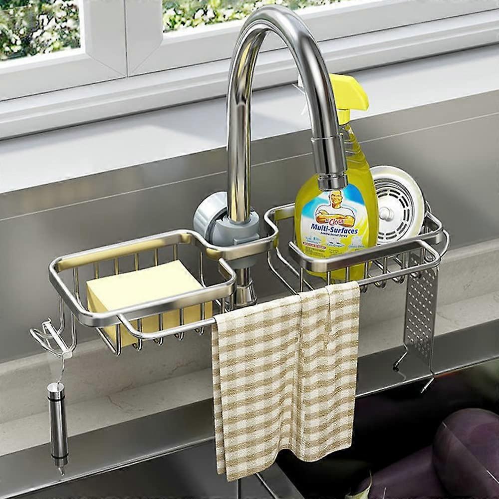 Upgraded Faucet Sponge Holder for Kitchen Sink with Double Towel Rack