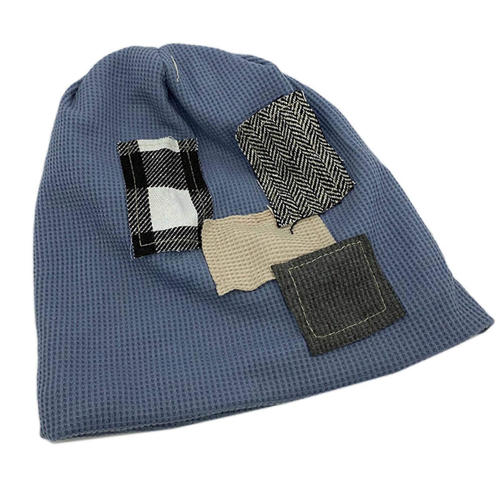 Trendy Patch Beanie Hat All-match Pullover Hat Knitted Hat Casual Confinement Cap Stretchable for Birthday Photo Studio Fog blue