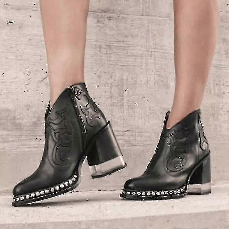 Styl Dámské špičaté kovbojské boty Černá Módní kotníkové boty na vysokém podpatku Vyšívané nýt Punk Style Krátké boty Plus Velikost
