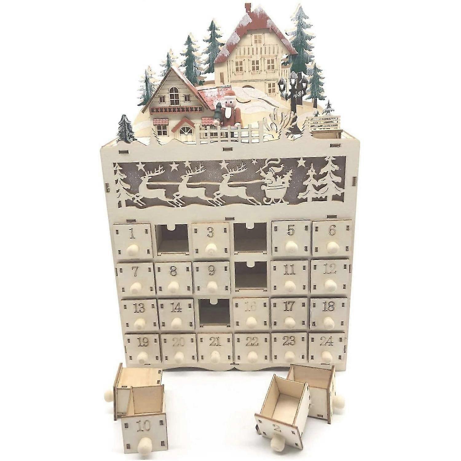 Compte à rebours en bois du calendrier de l’Avent de Noël à tête de Noël 24 tiroirs avec led