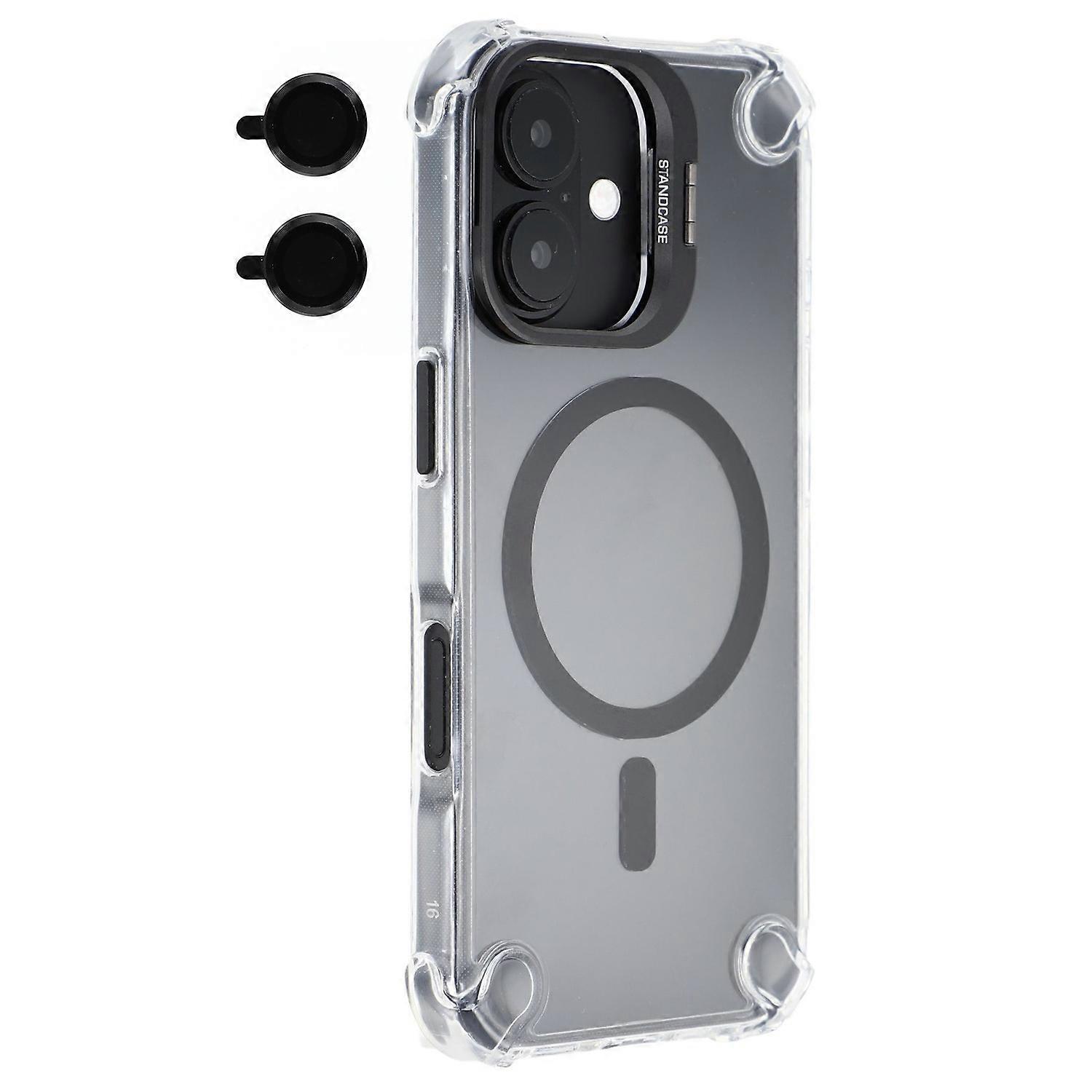 For iPhone 16 Plus Clear Case Hybrid Phone Shell with Camera Lens Frame Kickstand