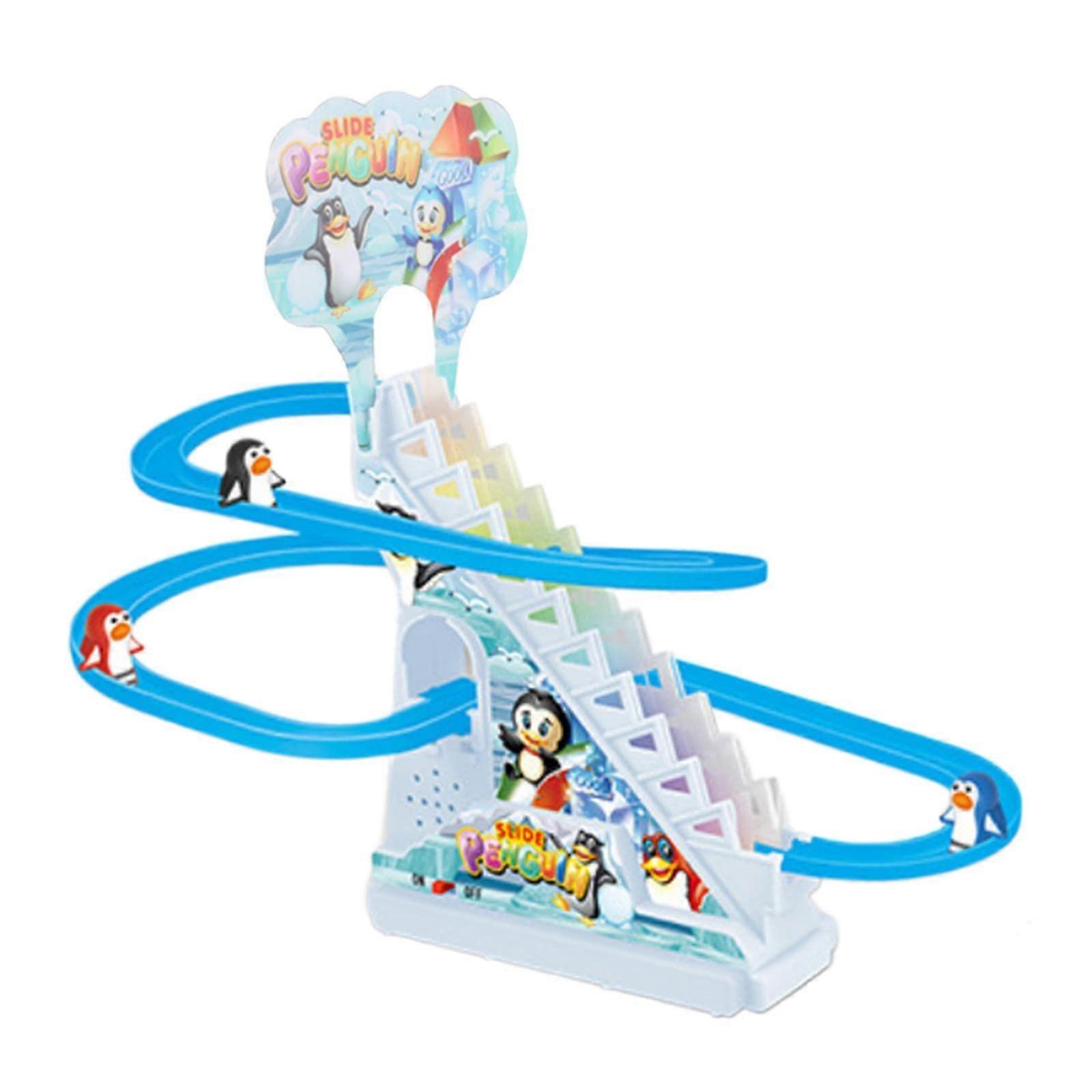 Penguin Race Set Little Penguin Slide Playset LED Flashing Lights Race Track Game Set Penguin Stair Climbing Toy for , 3 Penguin