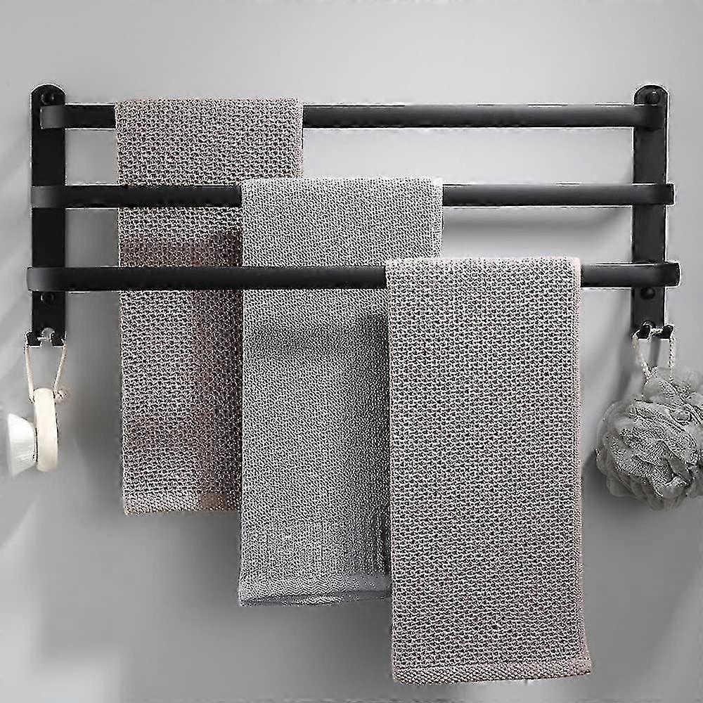 Porte-serviettes noir étanche mural à 3 niveaux avec crochets adapté à une utilisation dans la salle de bain et la cuisine, longueur 60 cm