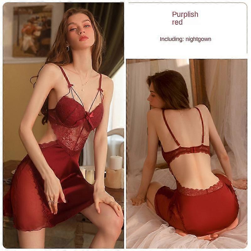 Sexy Underwear Backless Ice Silk Plus Breast Pads Gathered Suspenders Nightgown Robe Home Set