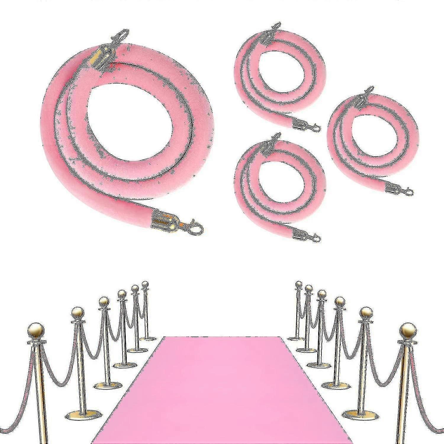 4 Pack Pink Velvet Rope Barrier 6.4ft, Crowd Control Stanchion with Polished Gold Hooks, Queue Barriers for Events