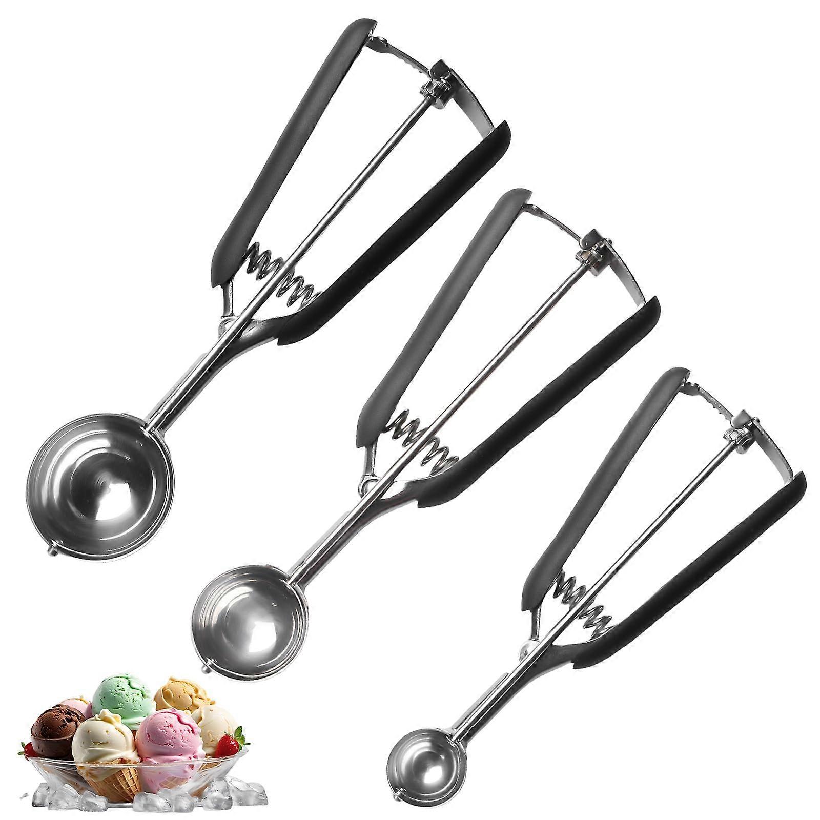 Set of 3 Stainless Steel Ice Cream Scoops, 3 Spoons, Trigger for Ice Balls