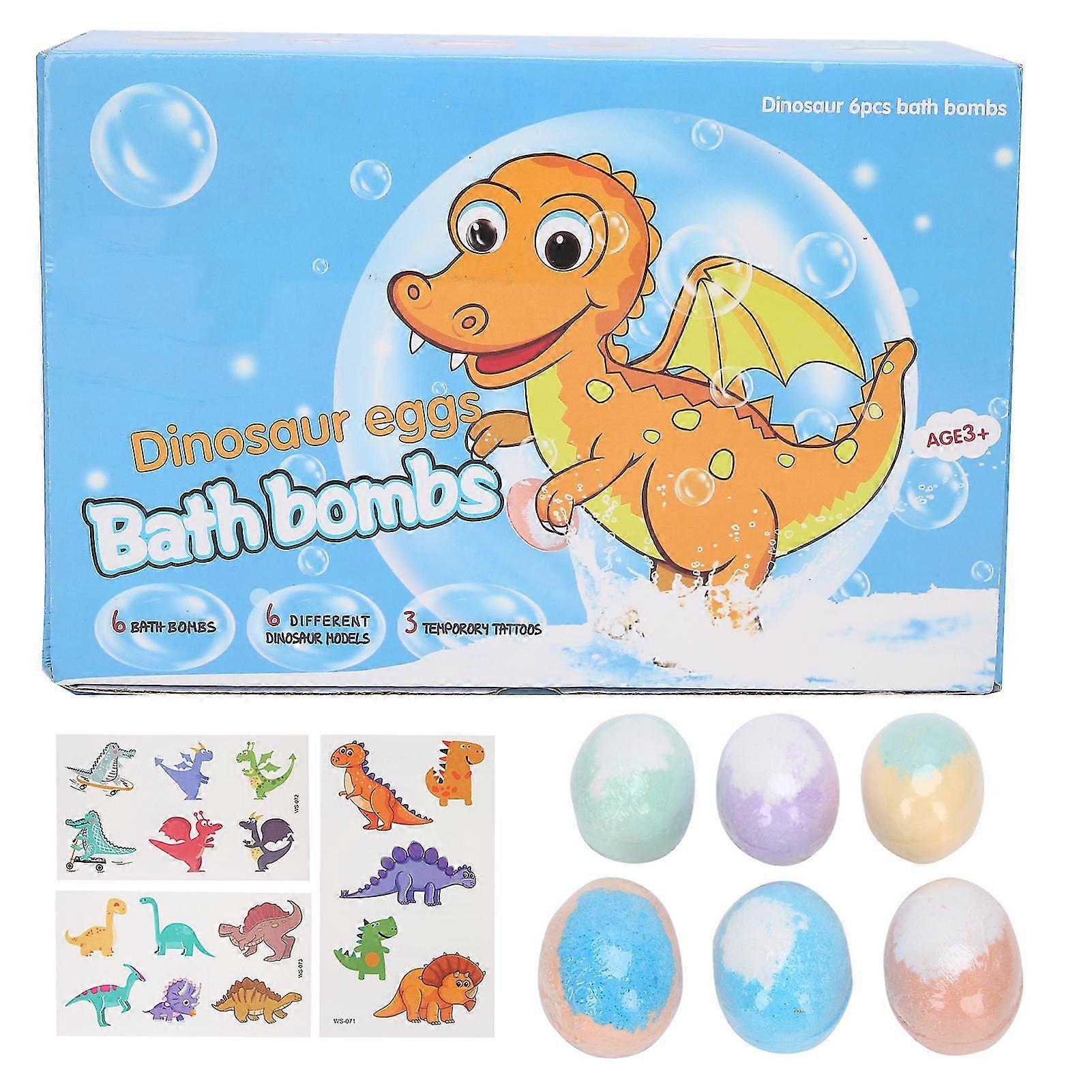 6-pack bubble bombs, little dinosaur toys, bath balls, bath salt balls, lots of bubble bath moisturizing bath liquid