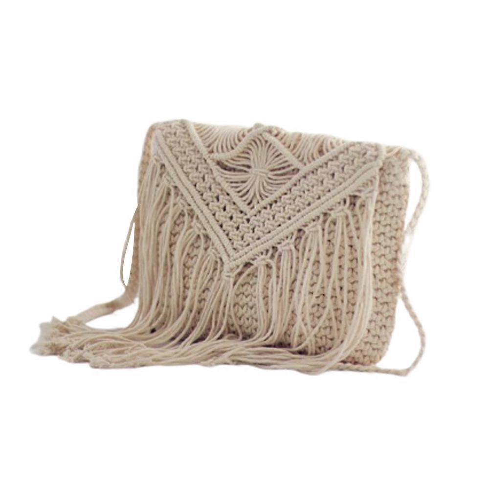 Straw Handbag Beige Fringe Lid for Beach Daily Use 1Pcs