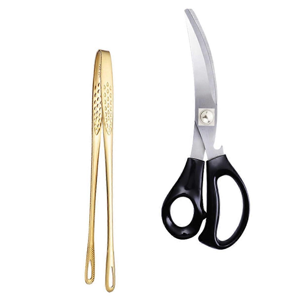 Stainless Steel Barbecue Tongs Set with Kitchen Scissors, Utility Meat Cutting Tool in Assorted Colours for Korean Cooking