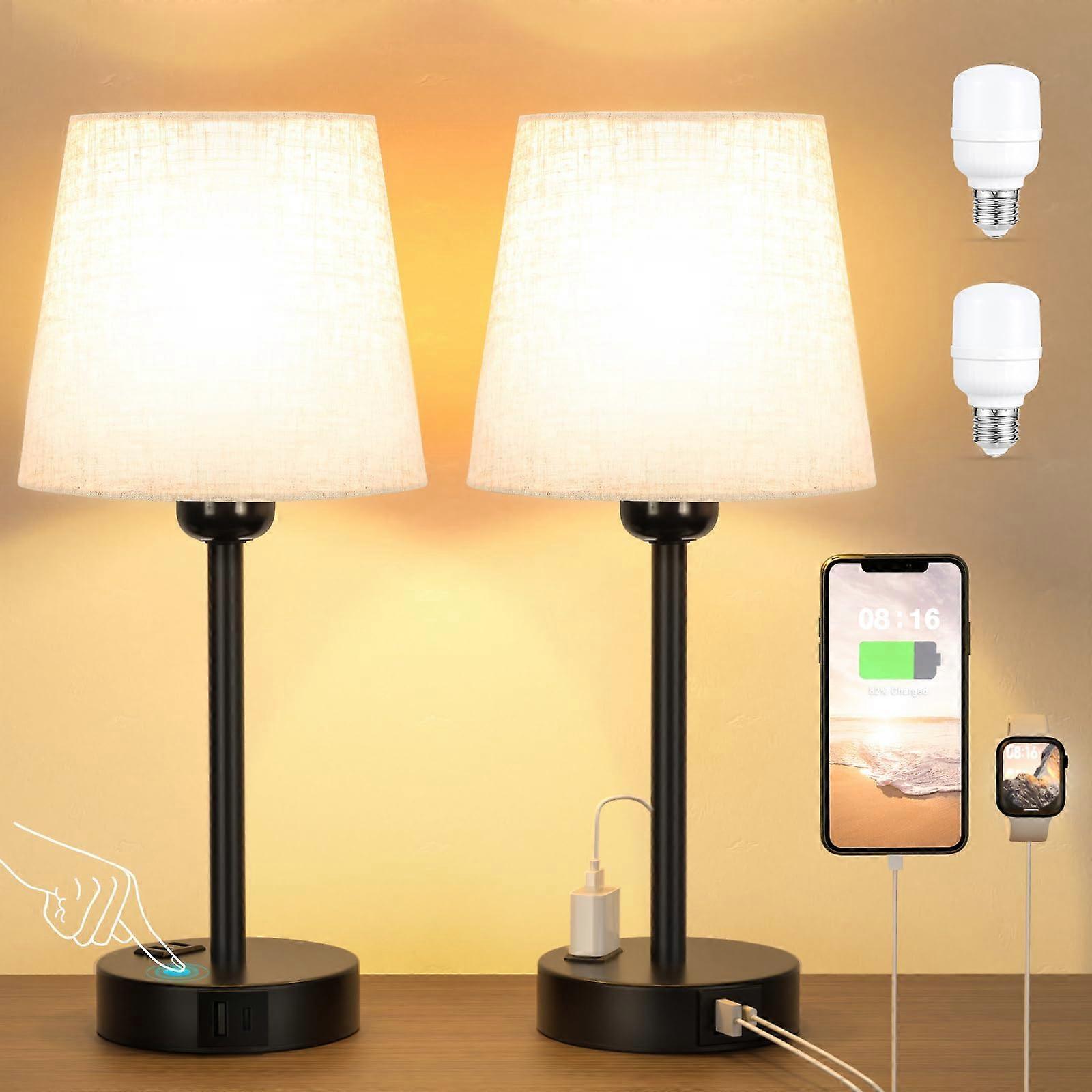 Bedside Lamp Touch Dimmable Set of 2, USB AC, Sockets, LED Bulbs, Linen  Beige