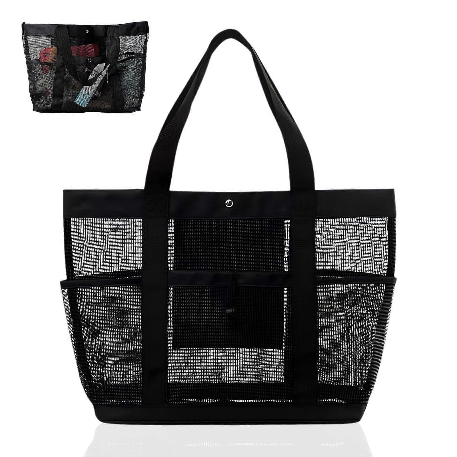 Mesh Beach Bag XXL with 7 Compartments, Foldable for Beach, Swimming, Camping, Travel, Gym, Black