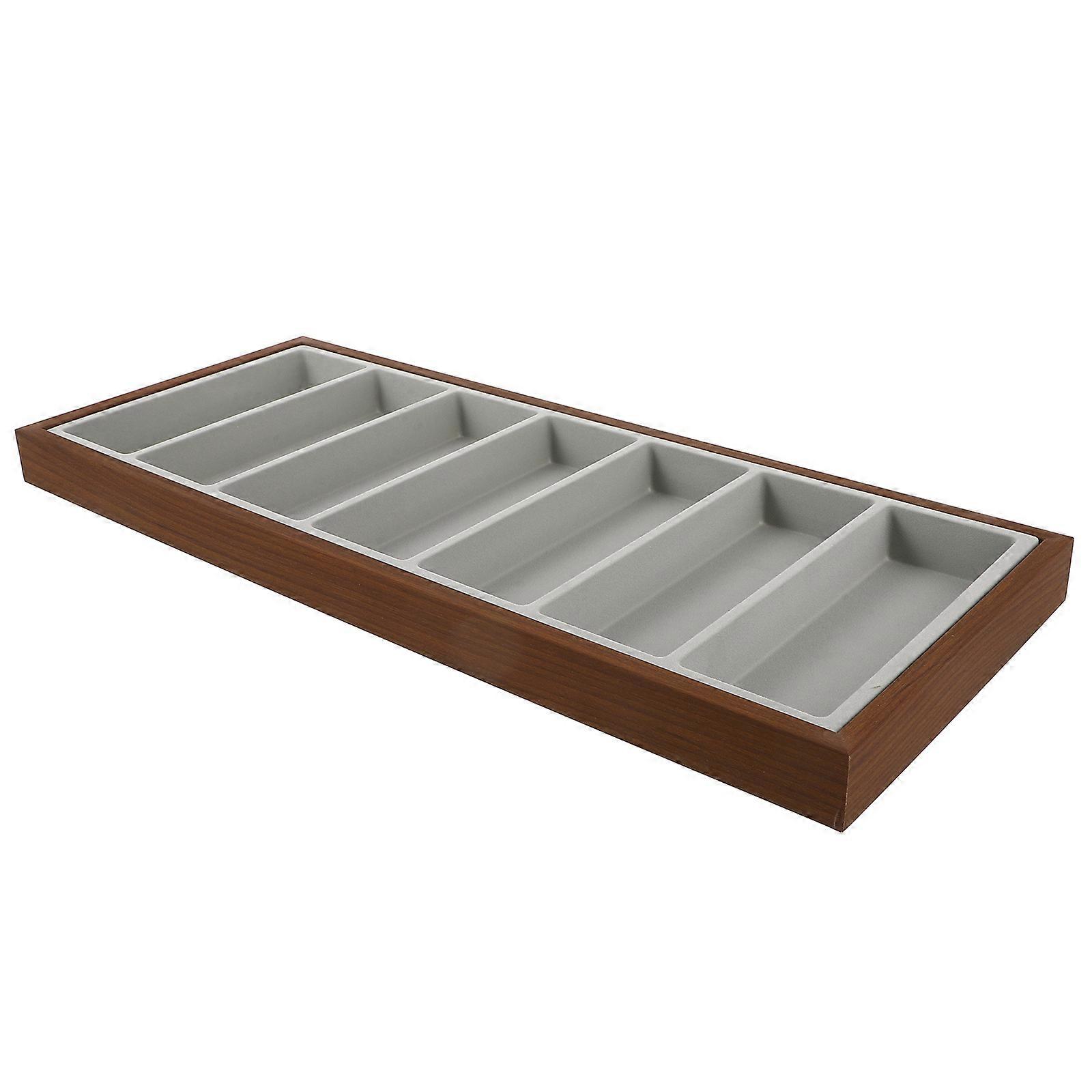 Durable Wooden Sunglasses Tray for Display with Light Brown Finish and Gray Cloth Inside 7 Grids
