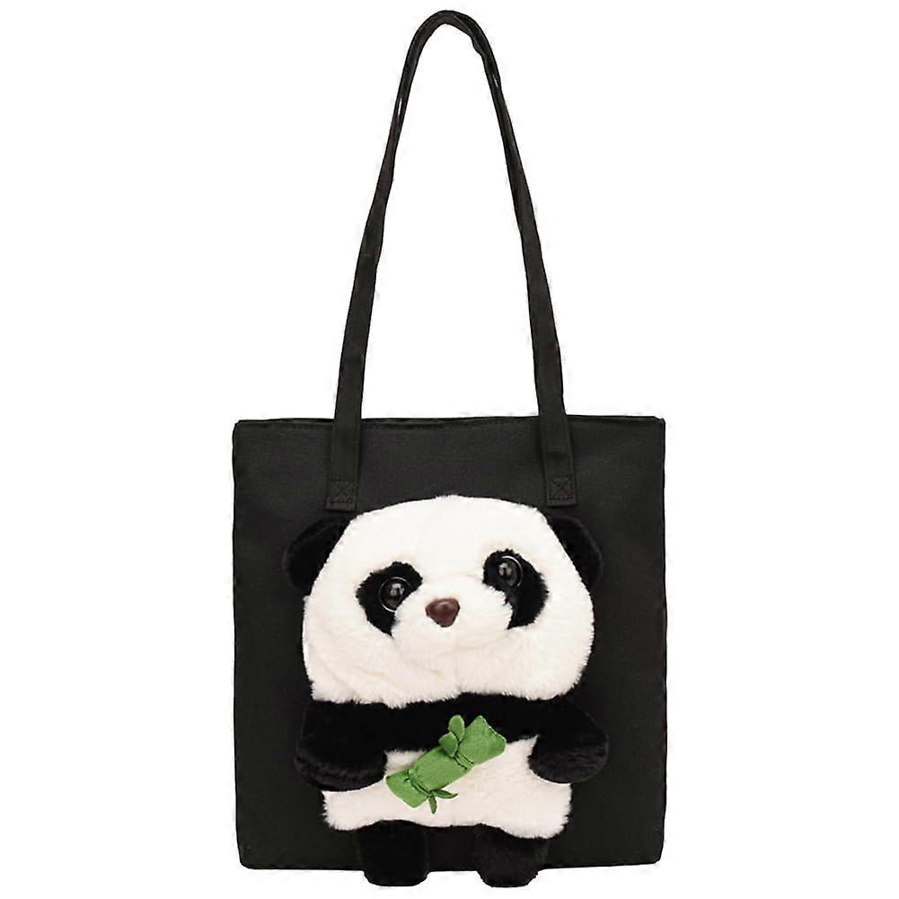 Canvas Armpit Bag for Women - Large Capacity Zipper Closure Cartoon Plush Panda Underarm Handbag in Black