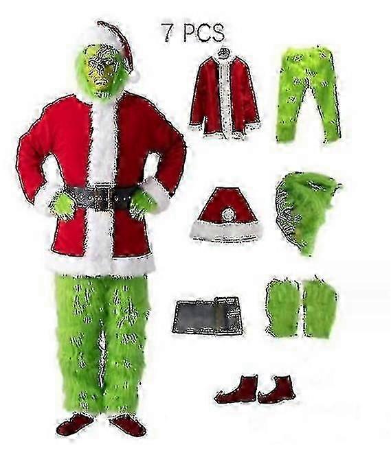 7 יחידות תחפושת הגרינץ' חג המולד קוספליי למבוגרים סנטה תלבושות תלבושות סט + מסכה - ג'ה