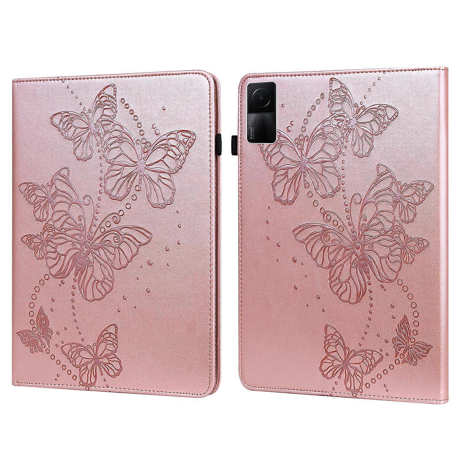 TKdaddy ل Xiaomi Redmi Pad Butterfly مطبوع PU حامل بطاقة جلدية غطاء واقي حامل قابل للطي حامل مضاد للسقوط مع شريط مطاطي من الذهب الوردي
