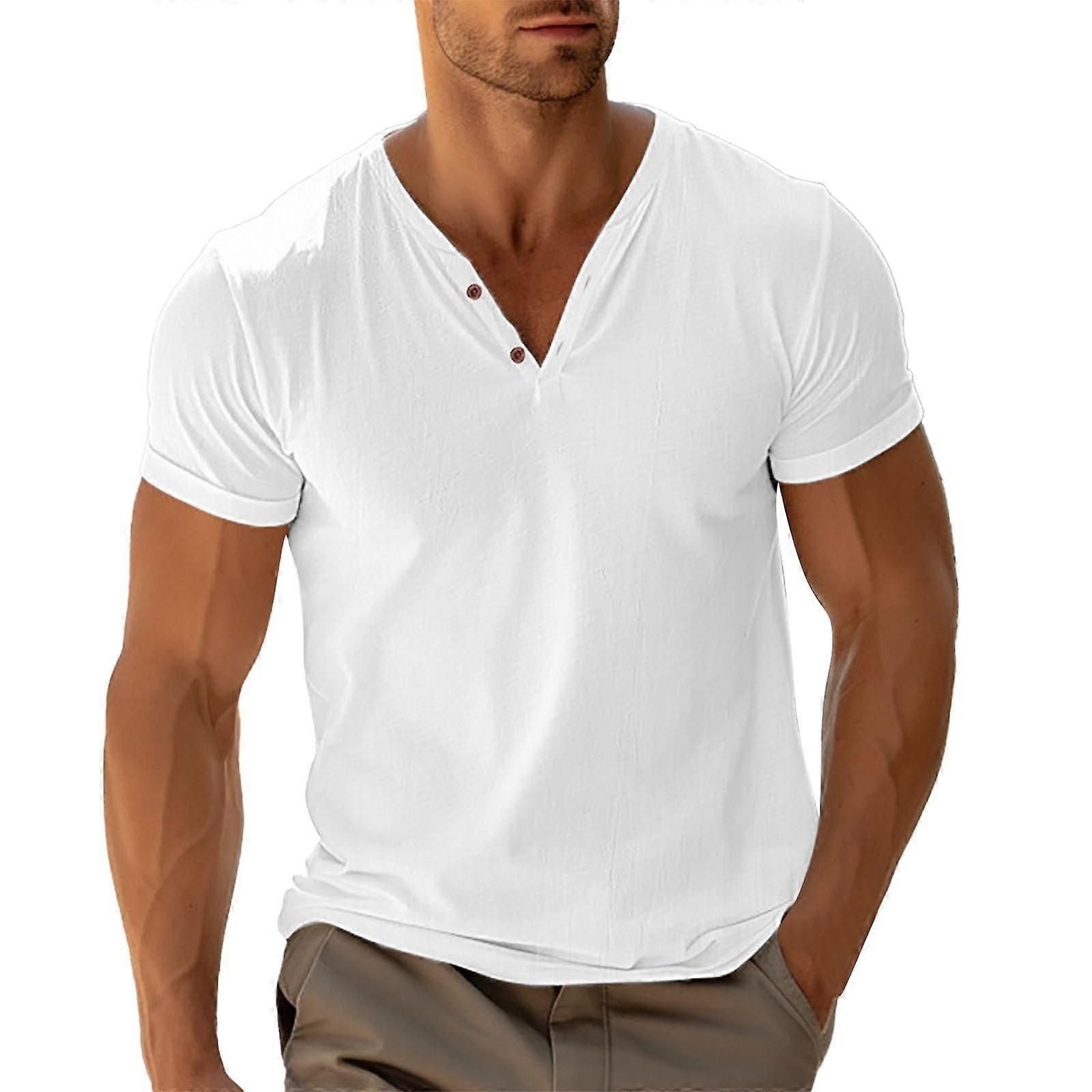 Men's VNeck Short Sleeve Solid Color Button Down Summer Loose TShirt White