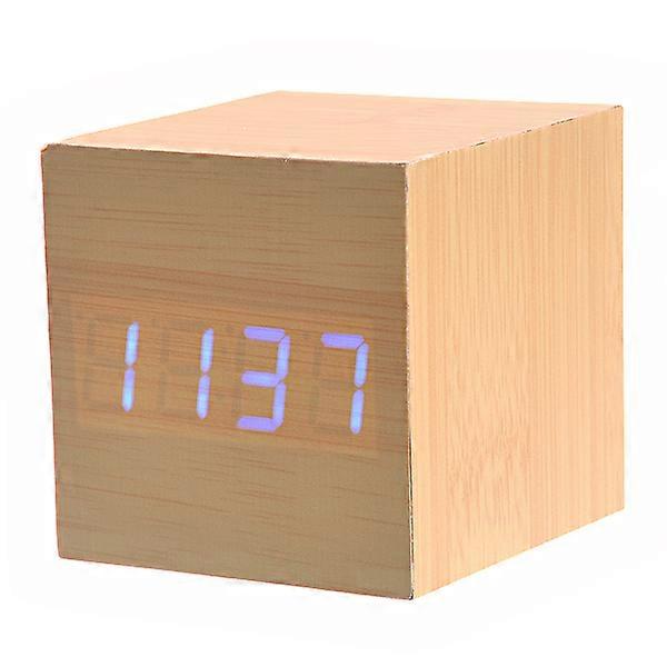 Mini Cube Shaped Voice Activated Yellow LED Alarm Clock with Date Temperature Plastic Imitation Wood