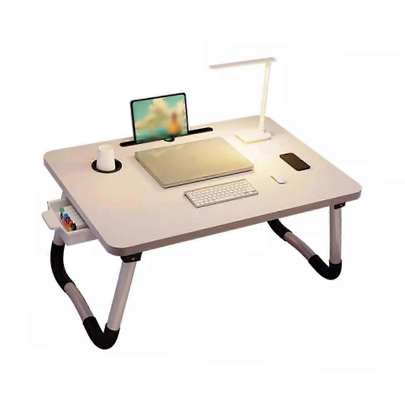 Foldable Portable Laptop Bed Desk Tray Table Stand with Cup Holder & Drawer - Ideal for Reading, Writing, Eating on Sofa or Floor - White