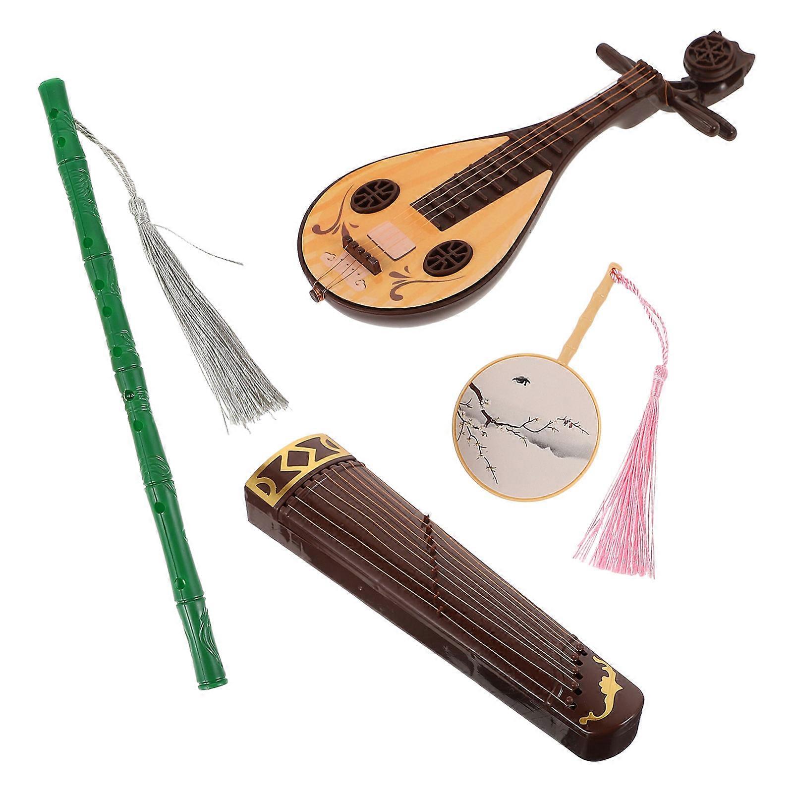 4pcs Miniature Ancient Costume Accessories for Dolls Fan, Guzheng, Guqin, Dizi Models Creative Simulation Decor to Boost Imagination and