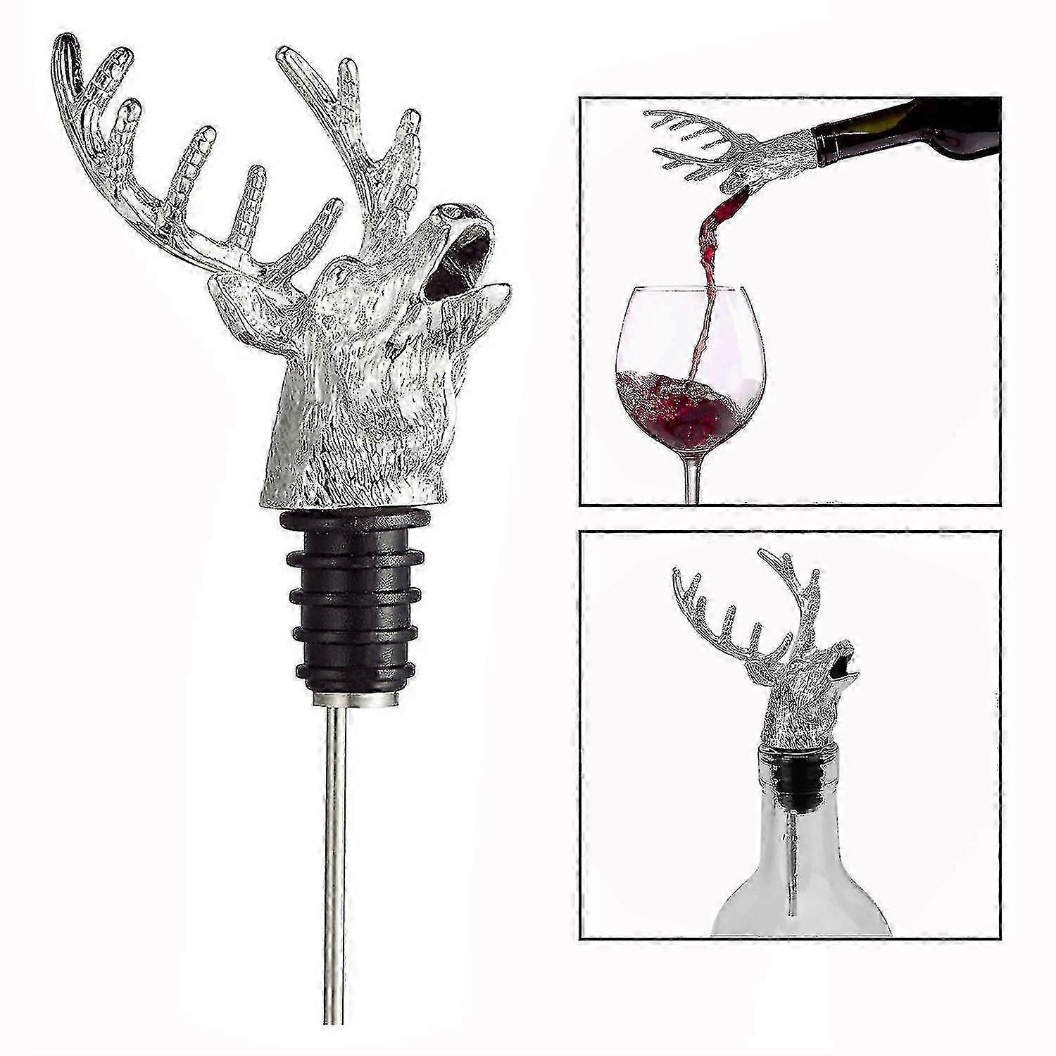 Zinc Alloy Wine Pourer And Bottle Stopper Deer Stag Head Shape With Leak-proof Bung(silver)