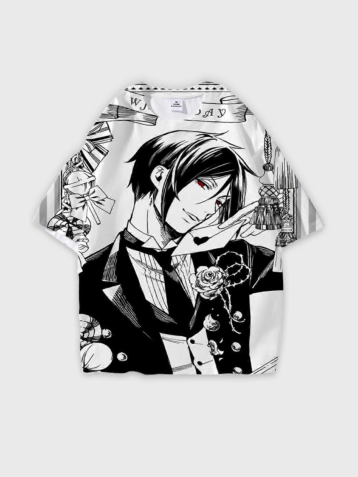 T-Shirt Round Neck, Loose Short Sleeve Black Butler Sebastian·Michaelis Graphic Tee, Unisex Summer Casual Top U2633