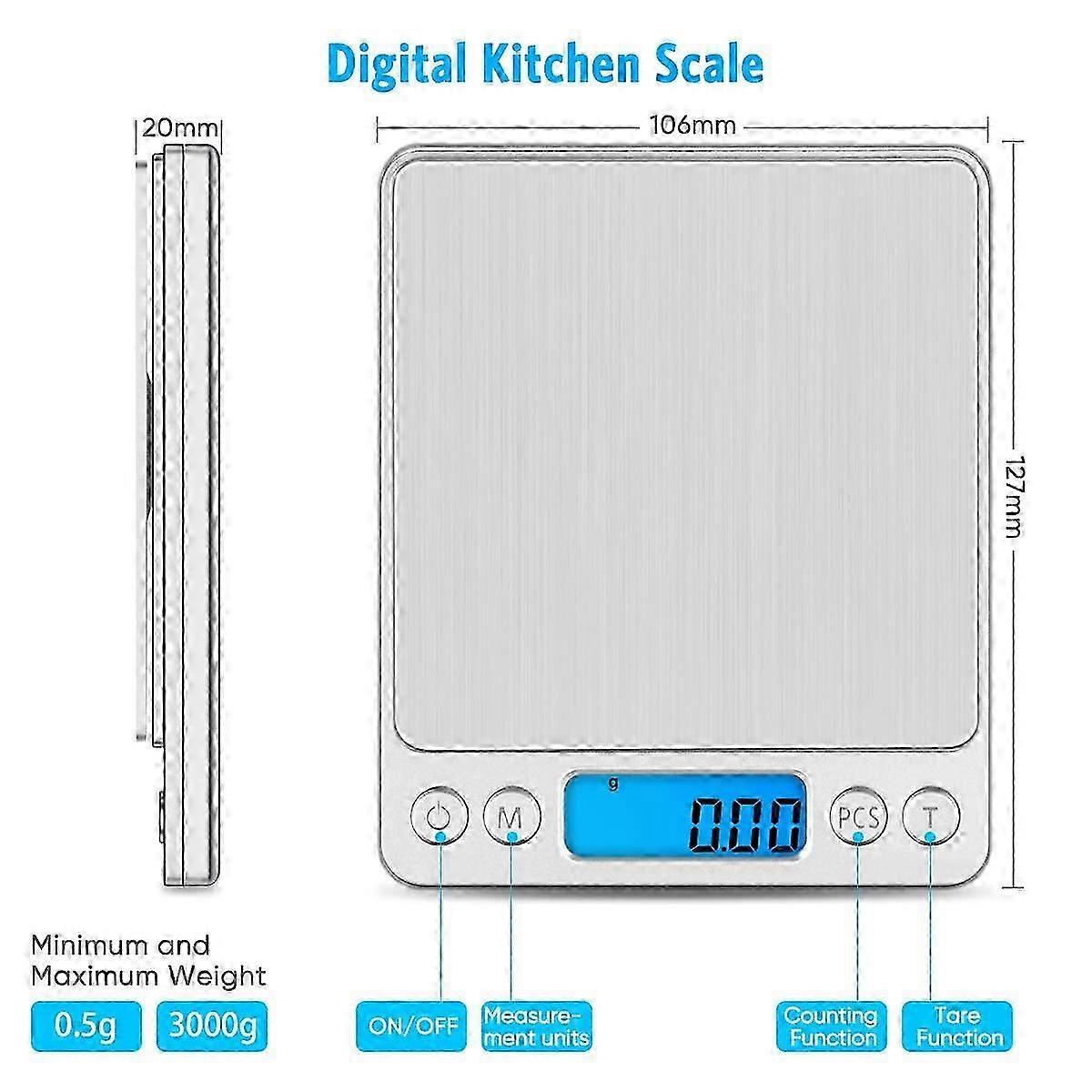 Precision Digital Scale, Portable Computer Scale, with LCD Display and 6 Units, Stainless Steel Tray, Tare Function, for Kitchen, Jewelry, Coffee