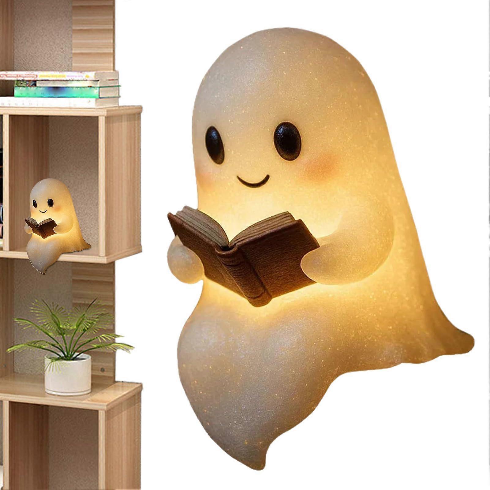 Cute Ghost Reading Book Lamp LED Desk Night Light Halloween Light Up Ghost Statue For Mantle And Desk Decor