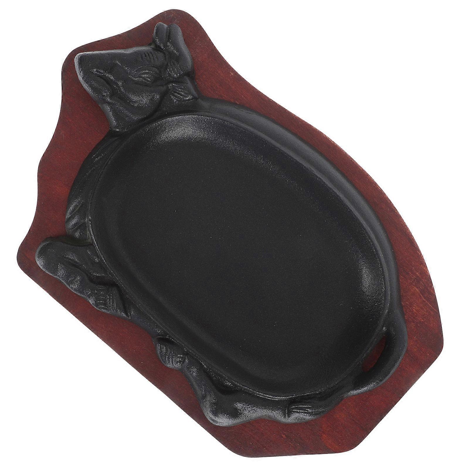 Steak Grill Plate Cast Iron for Barbecue 4Sets with Black Wood Tray