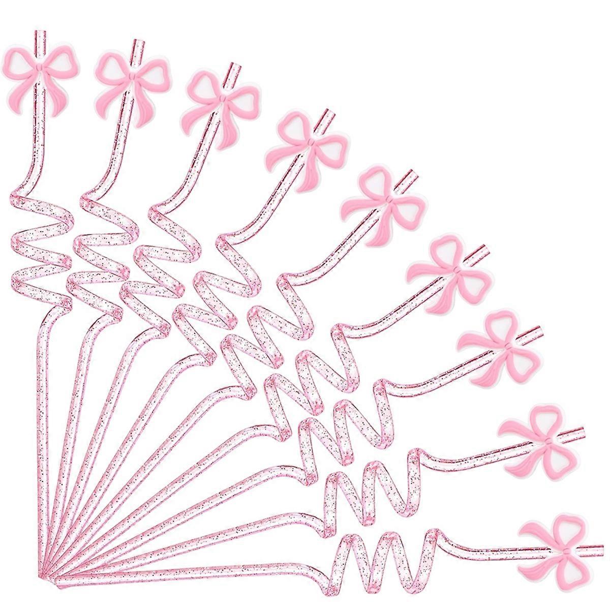 24 Pcs Pink Bow Straws Bulk Reusable Plastic Spiral Drinking Straw