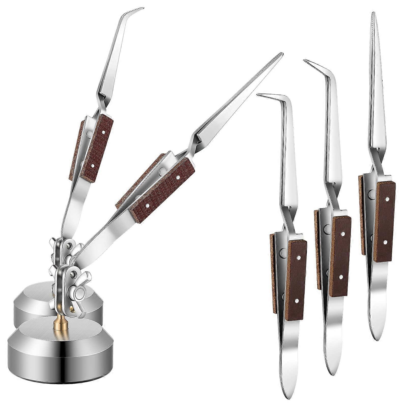 5 Pcs Soldering Tweezers Set With 3 Cross Lock Solder Tweezers And 2 Jewelry Third Hand Tools With Base 360 Rotation