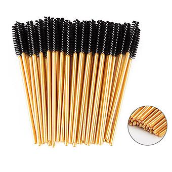 Veeki 100 piezas Cepillos de pestañas desechables Aplicador de varita de rímel Brochas de maquillaje de colores Volumen de pestañas protable (varilla dorada, cepillo negro)