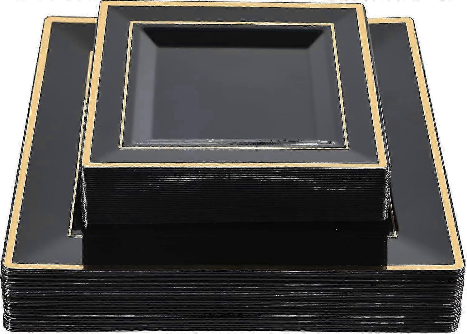 60 Pack Black Square Plastic Plates with Gold Rim, Elegant Tableware for Parties and Events