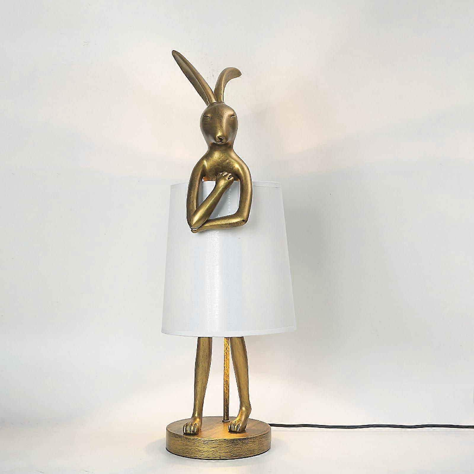 Rabbit Table Lamp 25.6' Gold Resin Bunny with White Linen Shade, LED Bulb, Soft Ambient Lighting