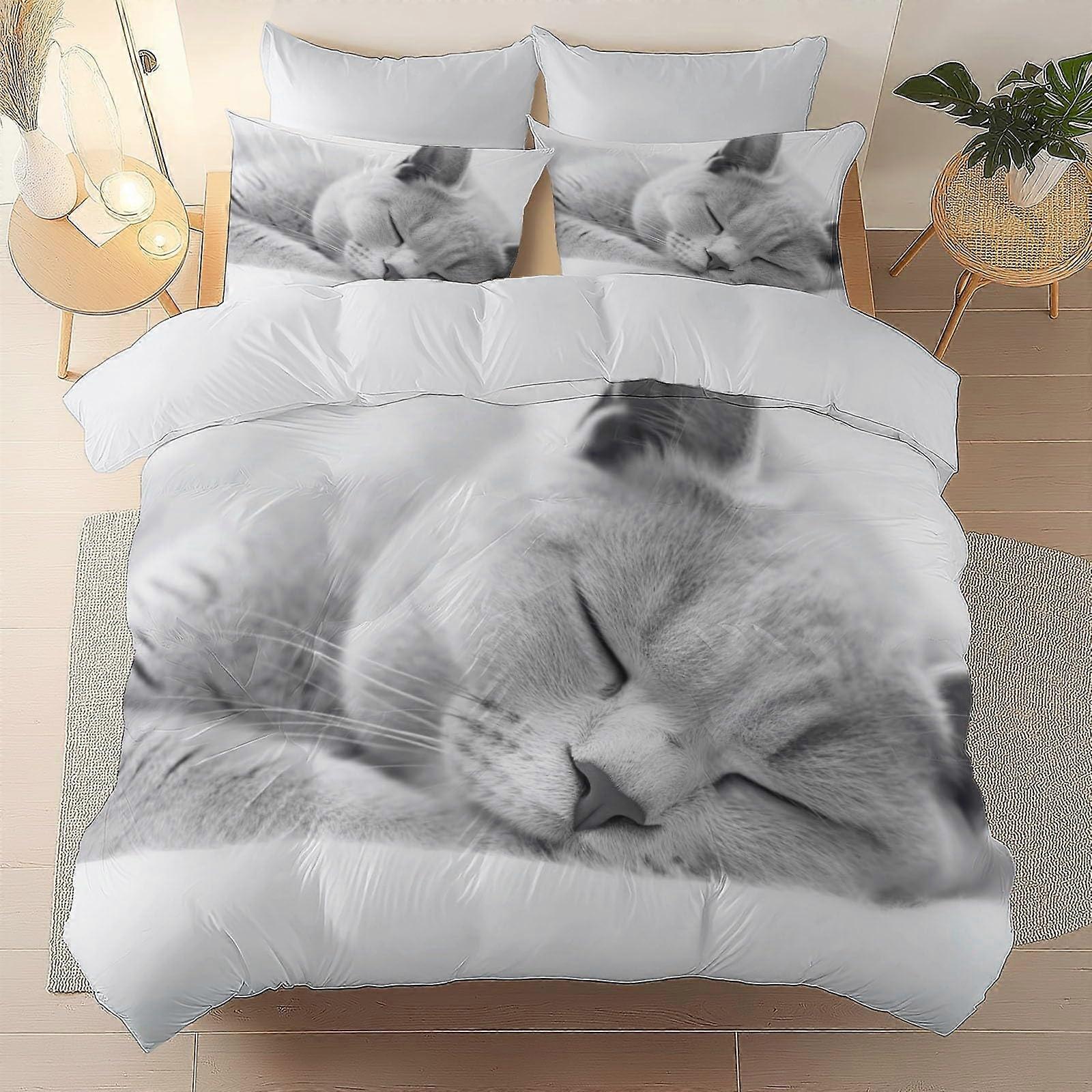 King Size Duvet Cover Set with Pillowcases, Reversible Cat Pattern, Breathable Microfiber, White