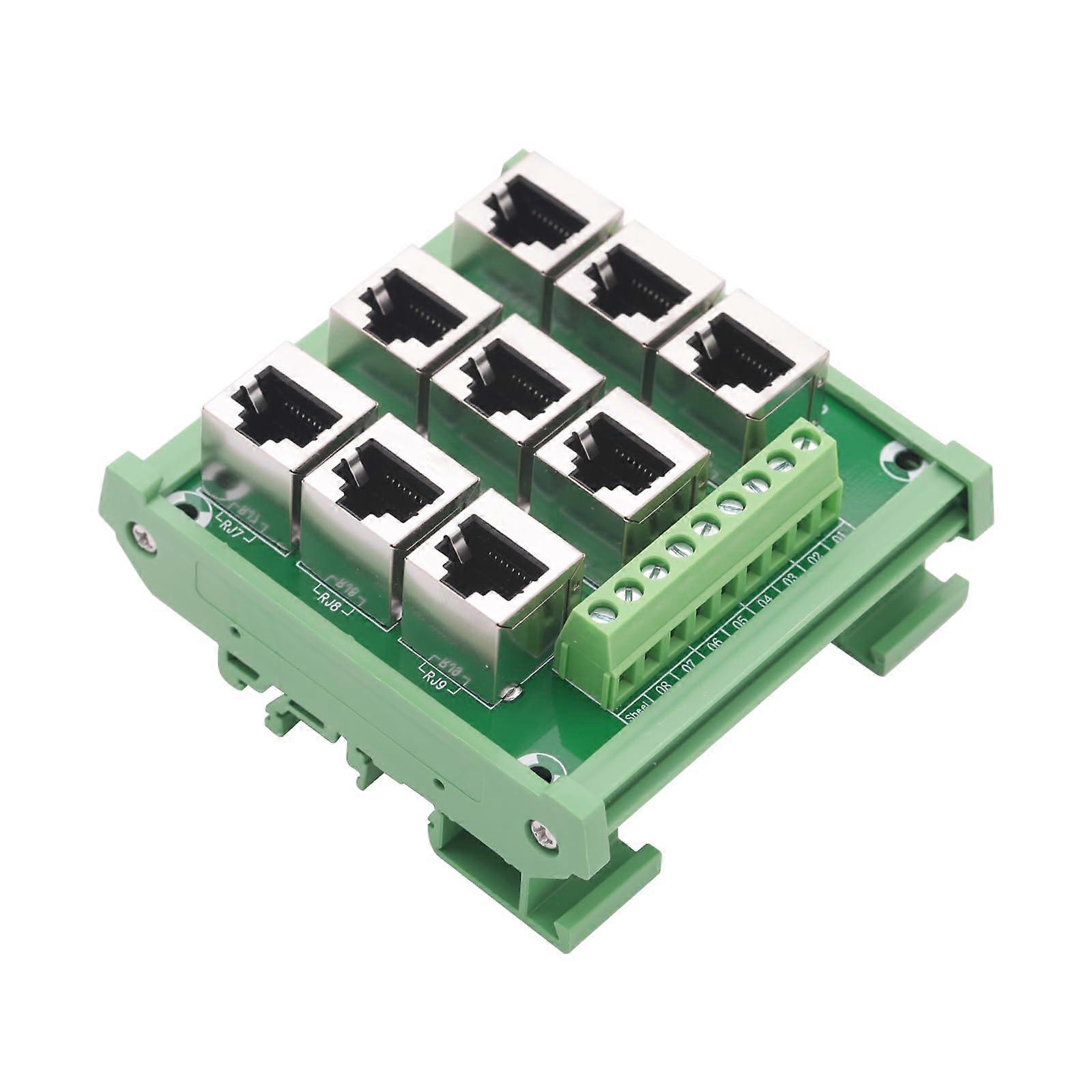 RJ45 8P8C 9Way DIN Rail Mount Ethernet Connector Distribution Breakout Bus Board, RJ45 Vertical Jack Terminal Module