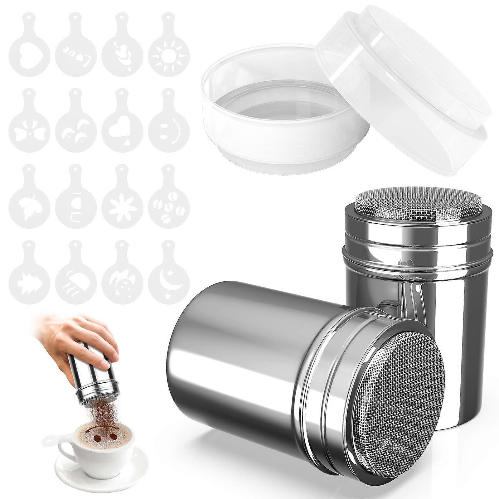 2 Pack Stainless Steel Powdered Sugar Shaker with 16 Reusable Coffee Stencils for Baking and Drinks