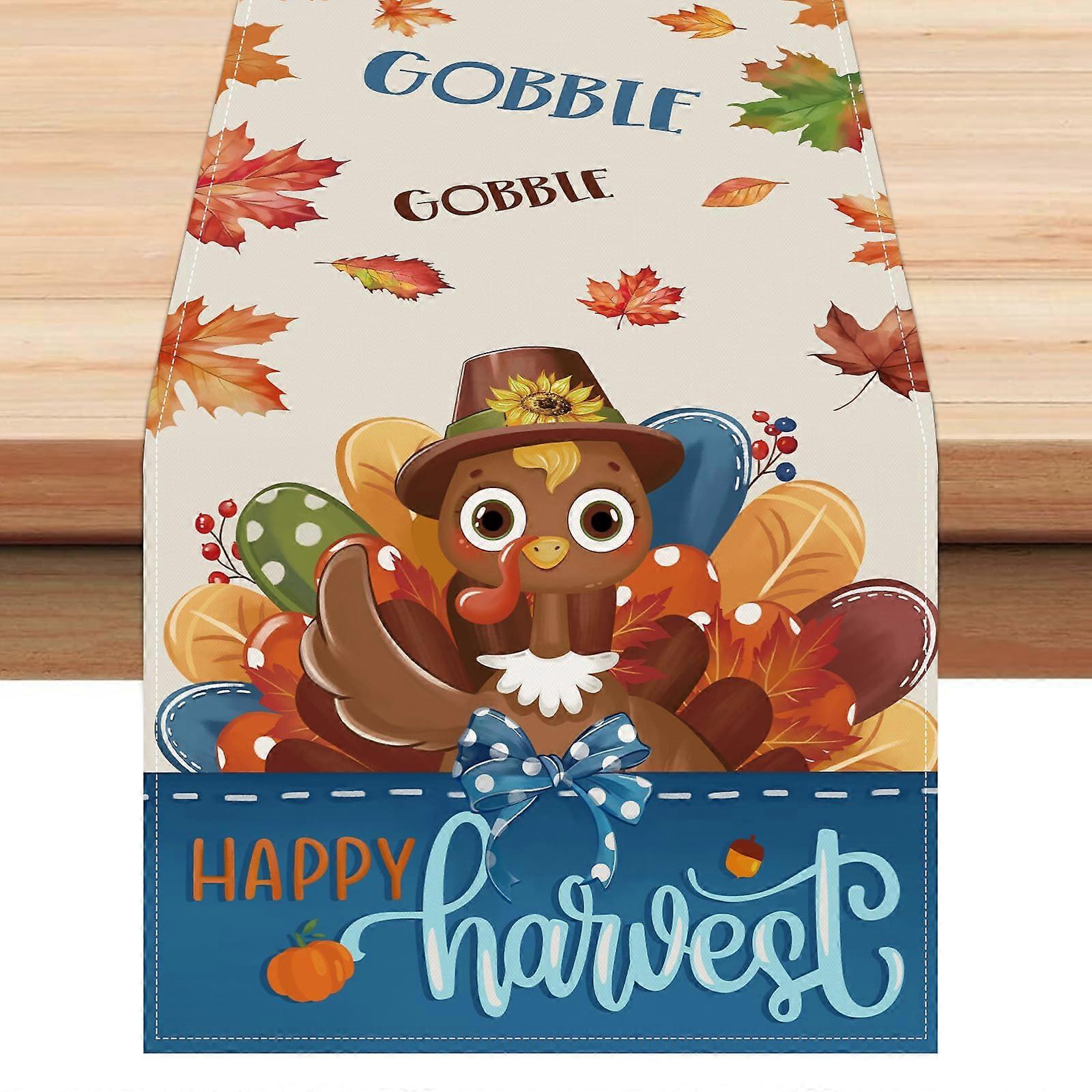 Thanksgiving Table Runner 13x72 Inch Fall Maple Leaves Turkey Design for Dining Table Decor