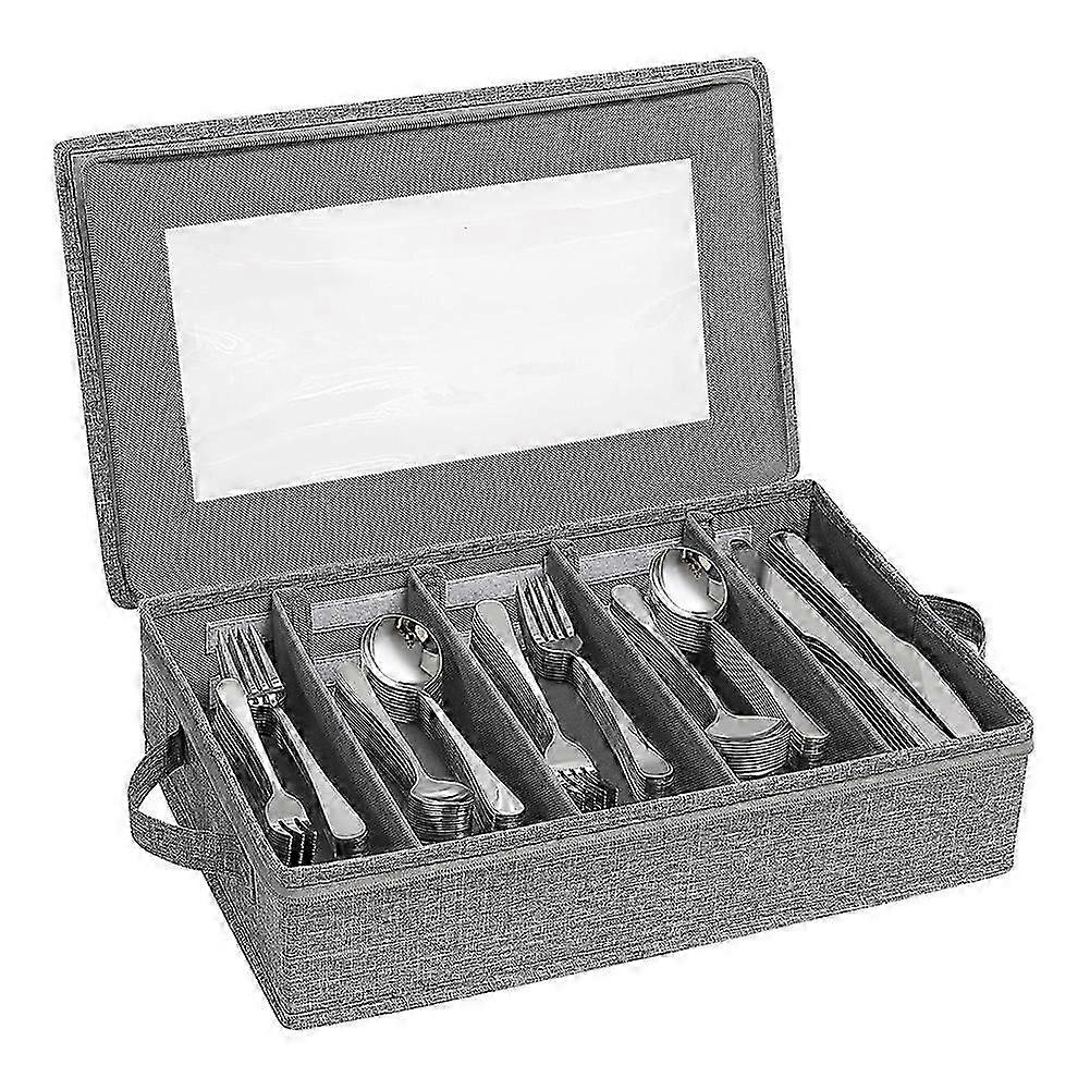 Silverware Storage Box,Flatware Organizer with Zipper Lid, 5 Compartment Cutlery Case with Adjustable Divider and Handle